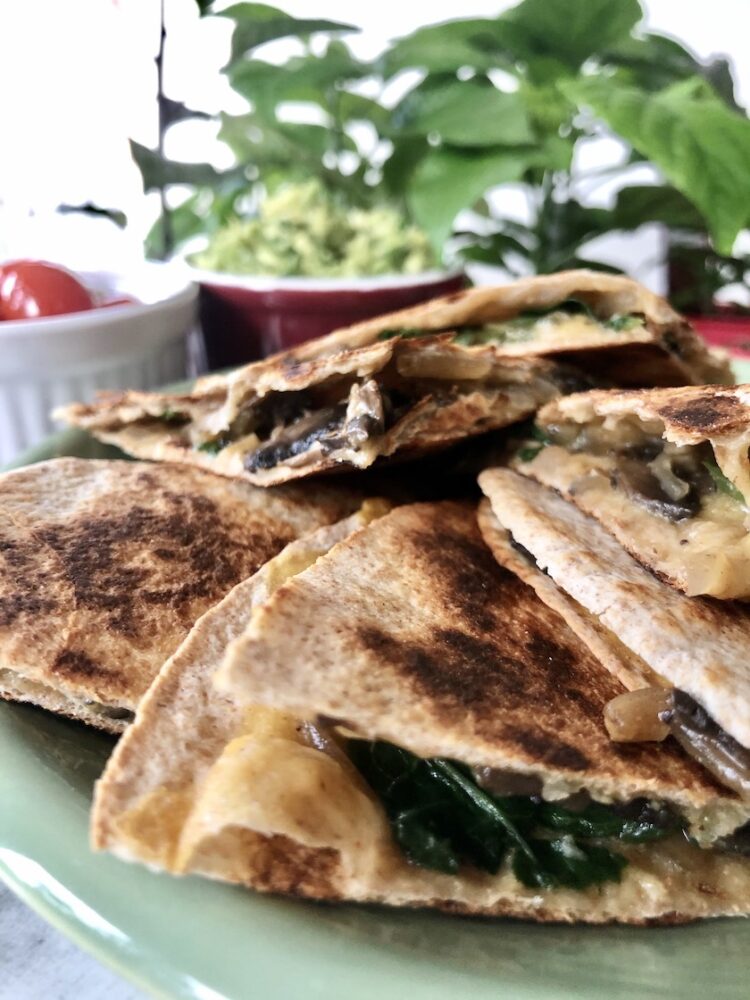 Savoury  Spinach and Mushroom Quesadillas with Vegan Cheese
